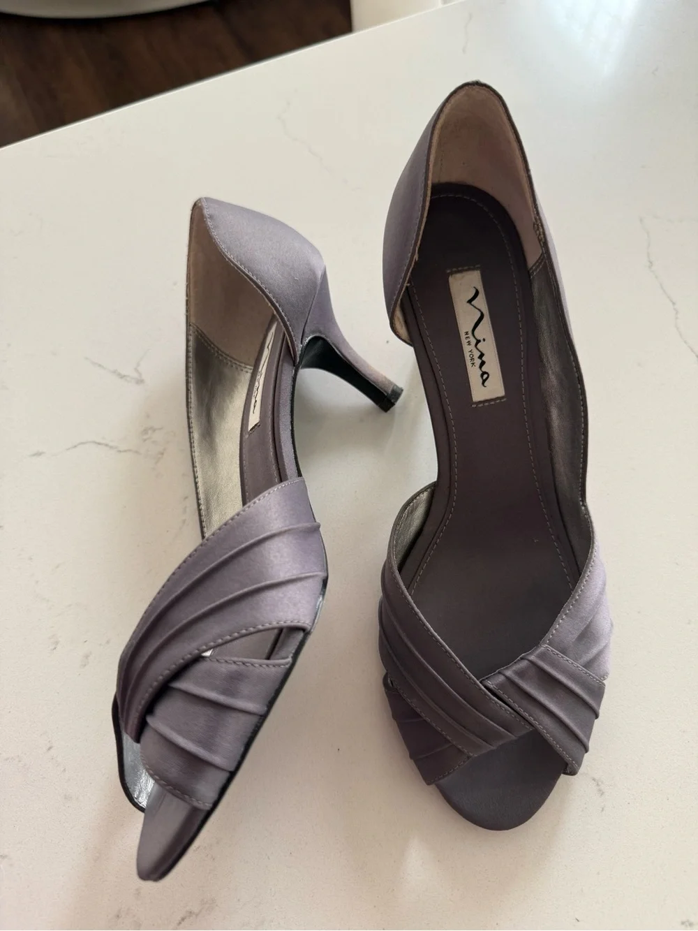 Nina Lavender Ruched Open-Toe Pumps